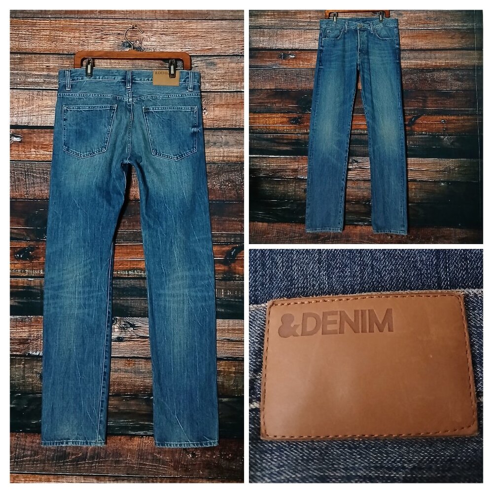 H&M Jeans Mens 32X34 Straight Button Fly Blue Denim Distressed 100% Cotton